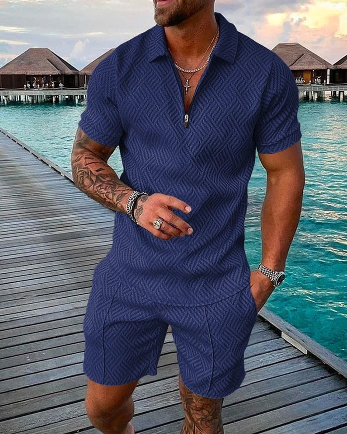 Herren Freizeit Polo-Shirt-Set in Blau mit Aufdruck am Meer