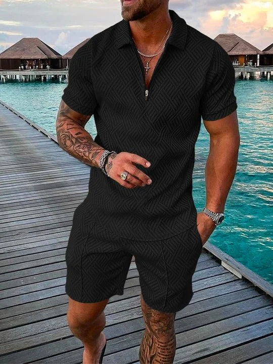 Men's casual holiday polo set with black floral print