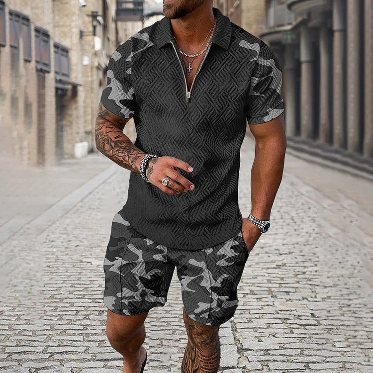 Camouflage-Poloshirt und -Shorts Set