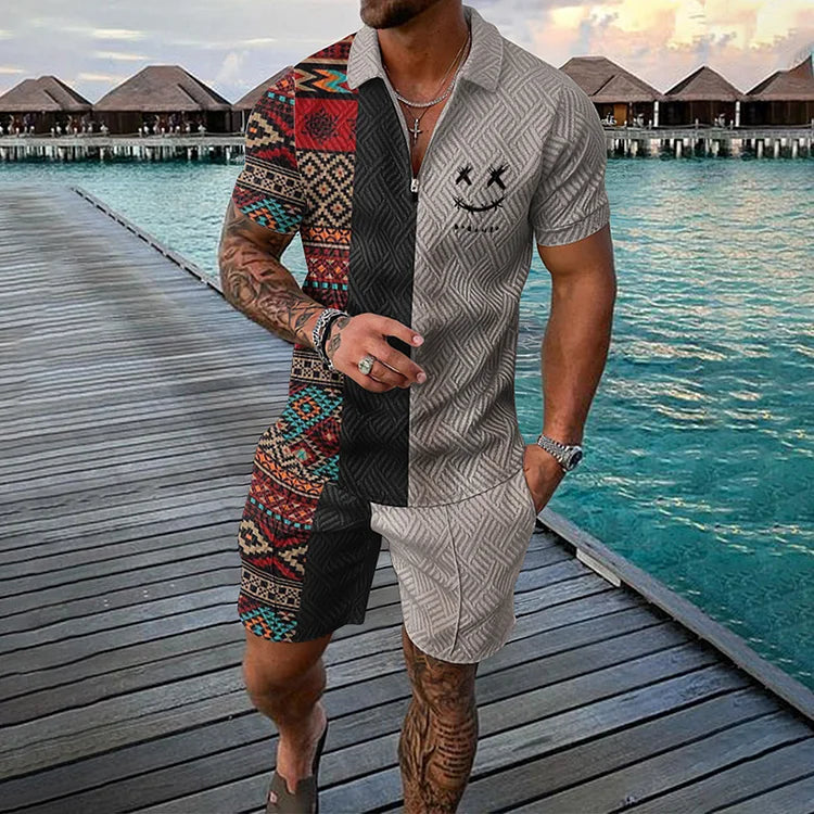 Zweifarbiger ethnischer Poloanzug mit Shorts