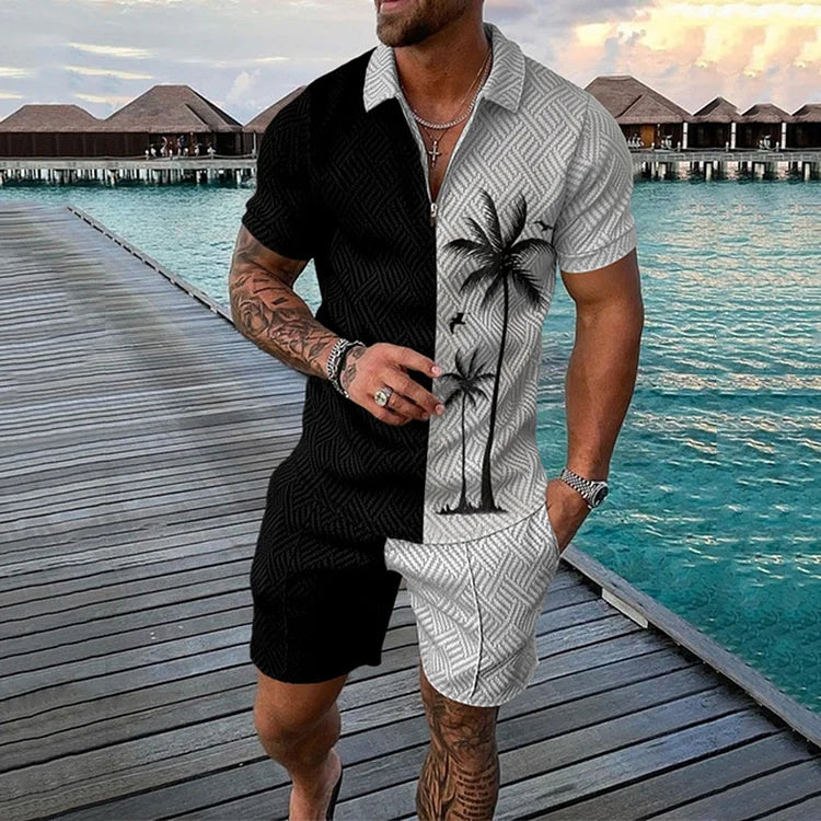 Poloshirt und Shorts-Kombination mit Kokosnussbaum-Muster