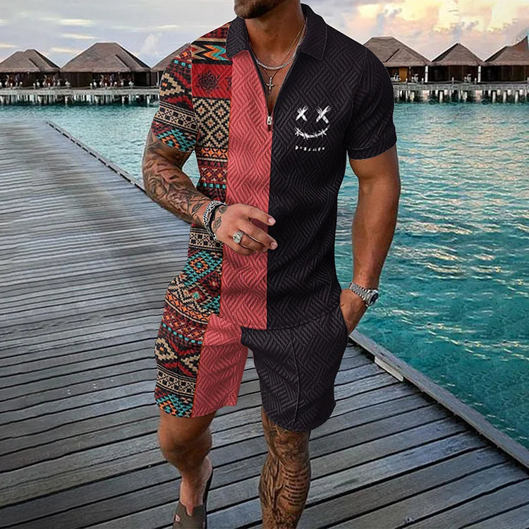 Zweifarbiger ethnischer Poloanzug mit Shorts
