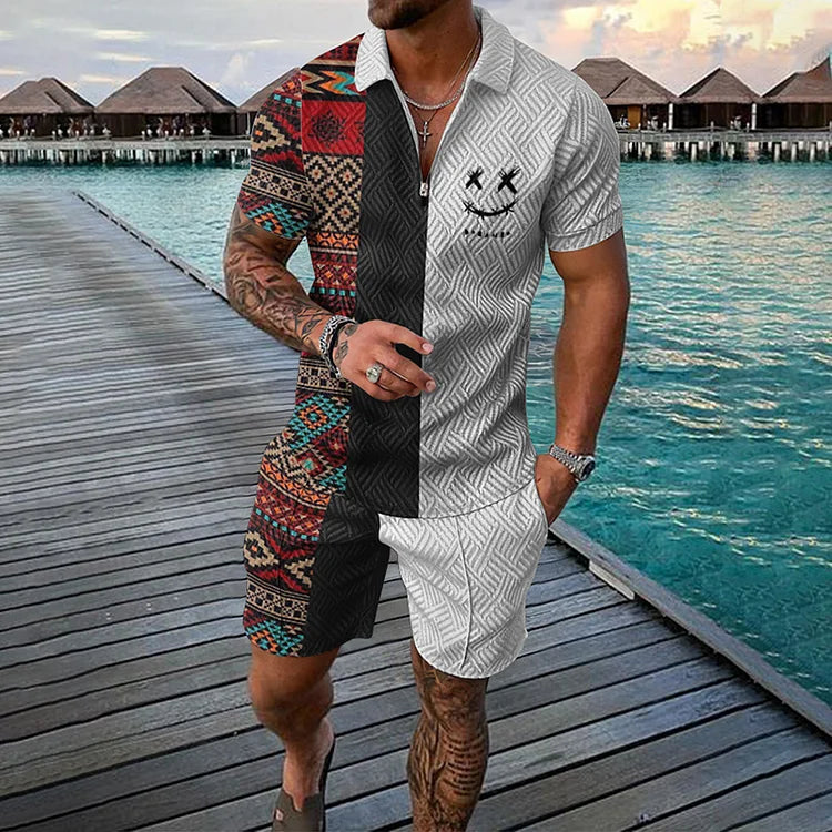 Zweifarbiger ethnischer Poloanzug mit Shorts
