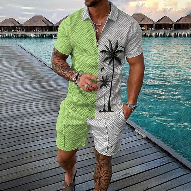 Poloshirt und Shorts-Kombination mit Kokosnussbaum-Muster