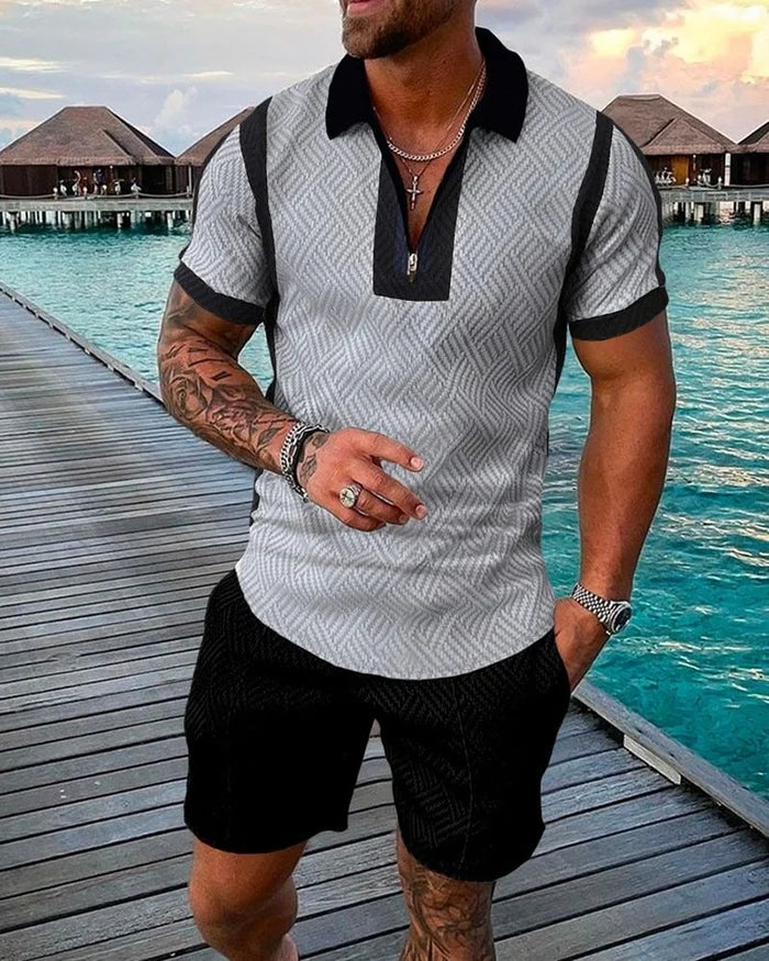 Herren Polohemd-Set, legere Passform, Grau mit Aufdruck