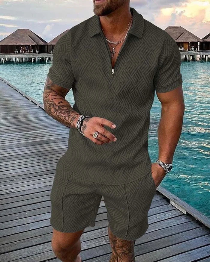 Herren Polo-Shirt-Set in Grün mit Muster, Freizeit/Casual